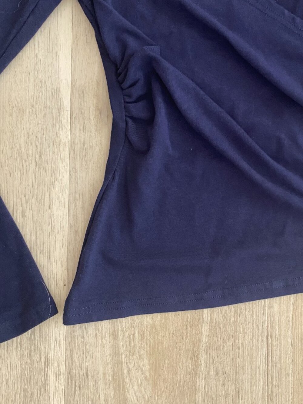 Darong Navy Ruched Asymmetrical Top XS | Long Sleeve Slim Fit Wrap Style Shirt - Picture 5 of 7